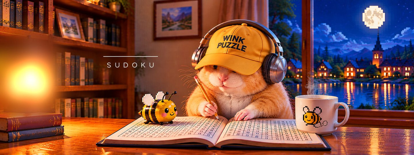 Wink Puzzle Sudoku - a hamster in a cap and headphones solving a sudoku book at a cozy desk at night